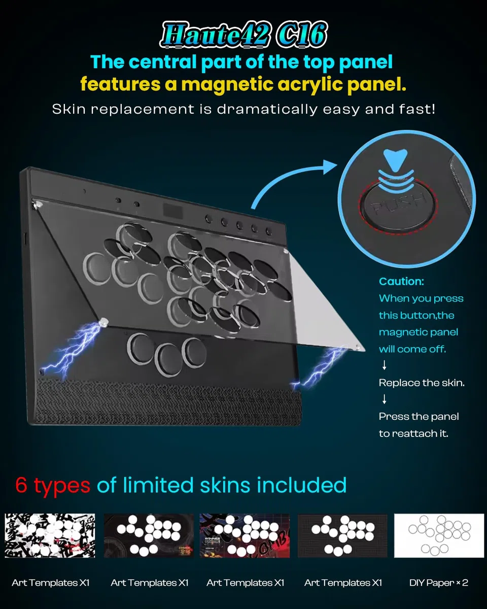 Haute42 C16 Leverless Arcade Controller - Magnetic Detachable Panel, RGB Button Rims, Tournament Lock Switch - Compatibile con Switch 2/Switch/PC/PS3/PS4/Steam