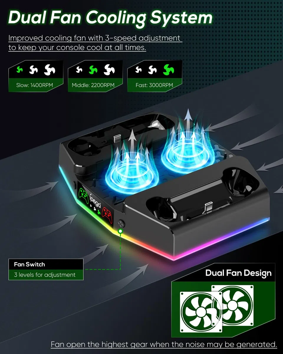 Supporto di raffreddamento e stazione di ricarica per Xbox Series S con striscia luminosa RGB, doppio caricatore di controller e ventola di raffreddamento per accessori console XSS con 2 batterie