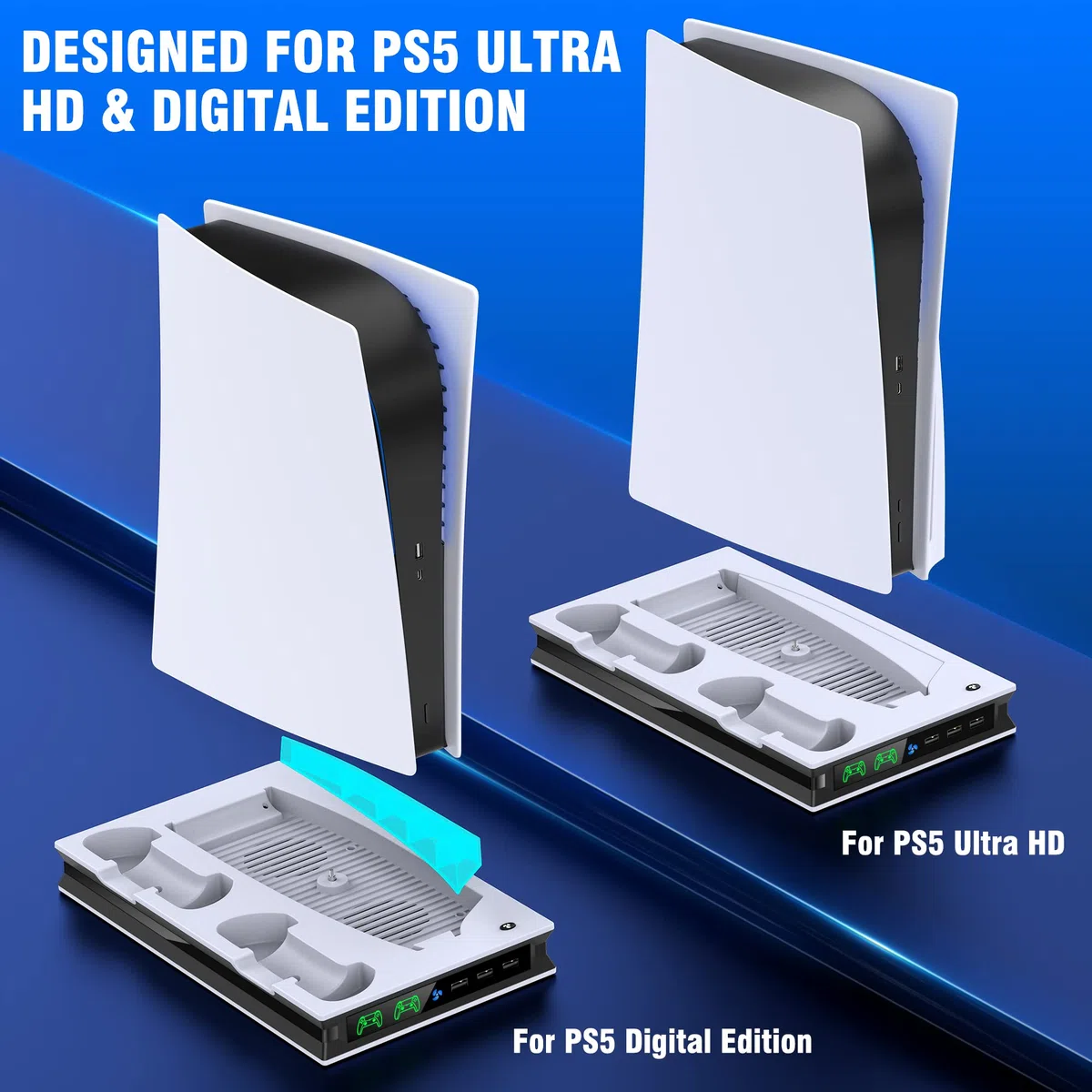 Supporto PS5 e stazione di raffreddamento con controller stazione di ricarica per Playsation 5 Slim/PS5, accessori PS5 incl. ventola di raffreddamento a 3 livelli, 3 hub USB, supporto cuffie, slot
