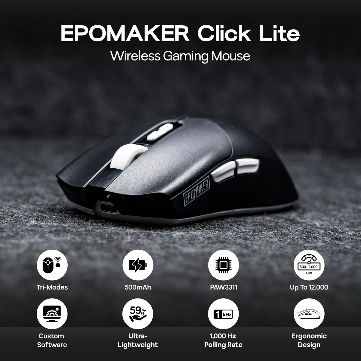 EPOMAKER Click Lite Mouse da Gioco Senza Fili, 800 to 24,000 DPI Adjustable, PAW3311 Sensor, 500mAh, 59g, 2.4G/BT/Wired Mice Ricaricabile con 5 Buttons programmabili per PC/Mac/Linux (Nero)