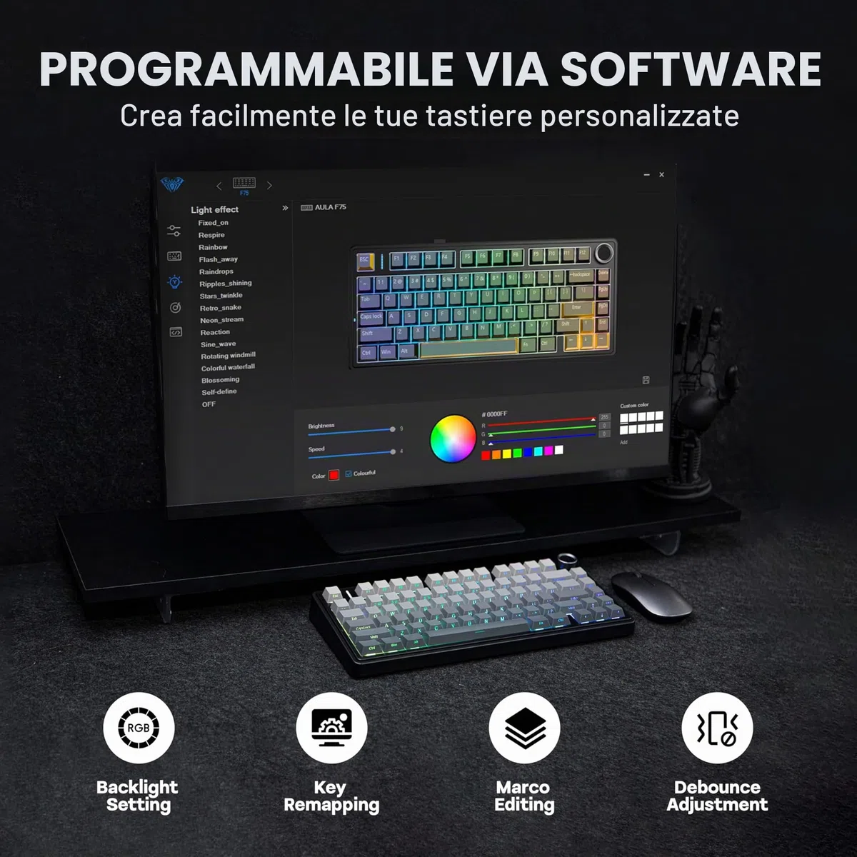 MechLands AULA F75 PRO - Tastiera meccanica 75% cremosa personalizzata BT5.0/USB-C/2,4 GHz, struttura della guarnizione, hot swap, manopola, RGB, interruttori Mietitore, per Windows/Mac (nero sfumato)