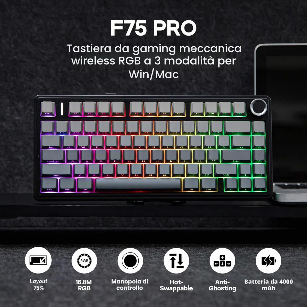 MechLands AULA F75 PRO - Tastiera meccanica 75% cremosa personalizzata BT5.0/USB-C/2,4 GHz, struttura della guarnizione, hot swap, manopola, RGB, interruttori Mietitore, per Windows/Mac (nero sfumato)