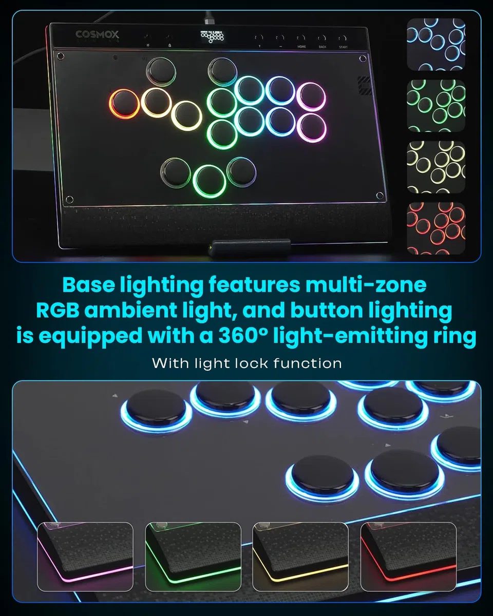 Haute42 C16 Leverless Arcade Controller - Magnetic Detachable Panel, RGB Button Rims, Tournament Lock Switch - Compatibile con Switch 2/Switch/PC/PS3/PS4/Steam