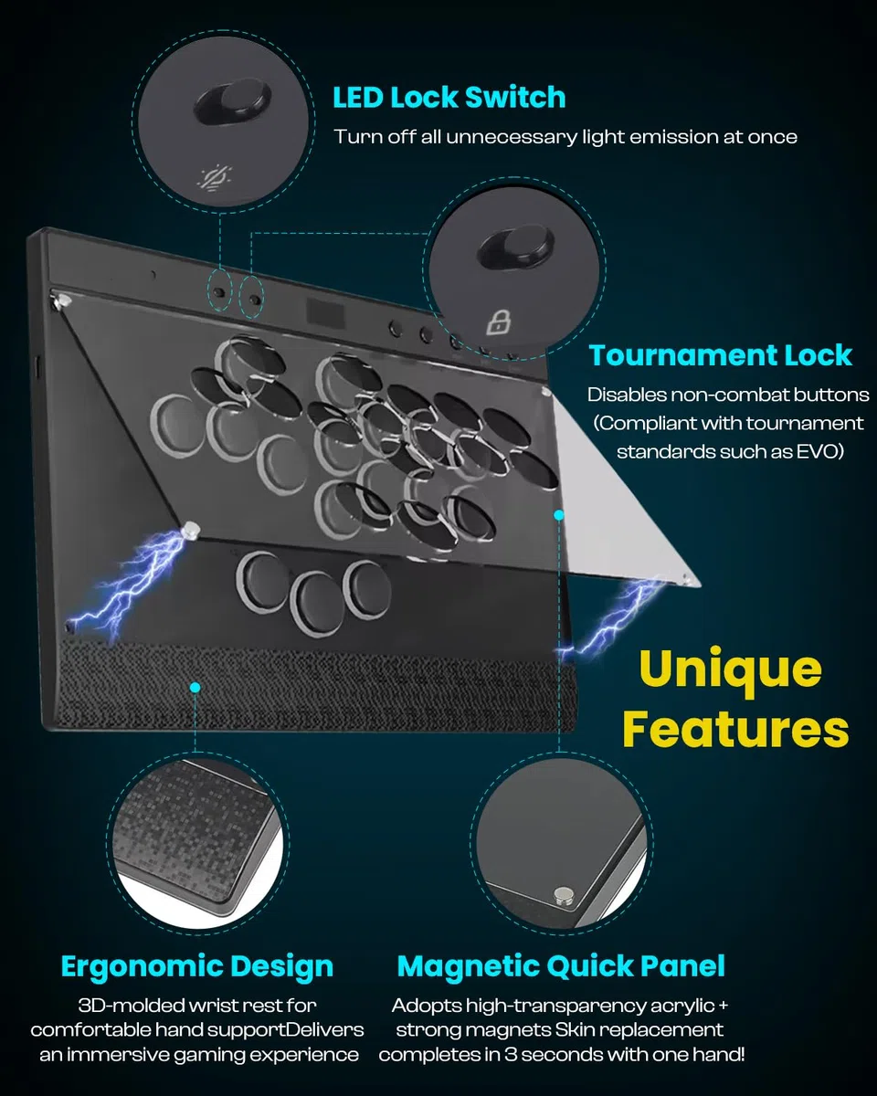 Haute42 C16 Leverless Arcade Controller - Magnetic Detachable Panel, RGB Button Rims, Tournament Lock Switch - Compatibile con Switch 2/Switch/PC/PS3/PS4/Steam