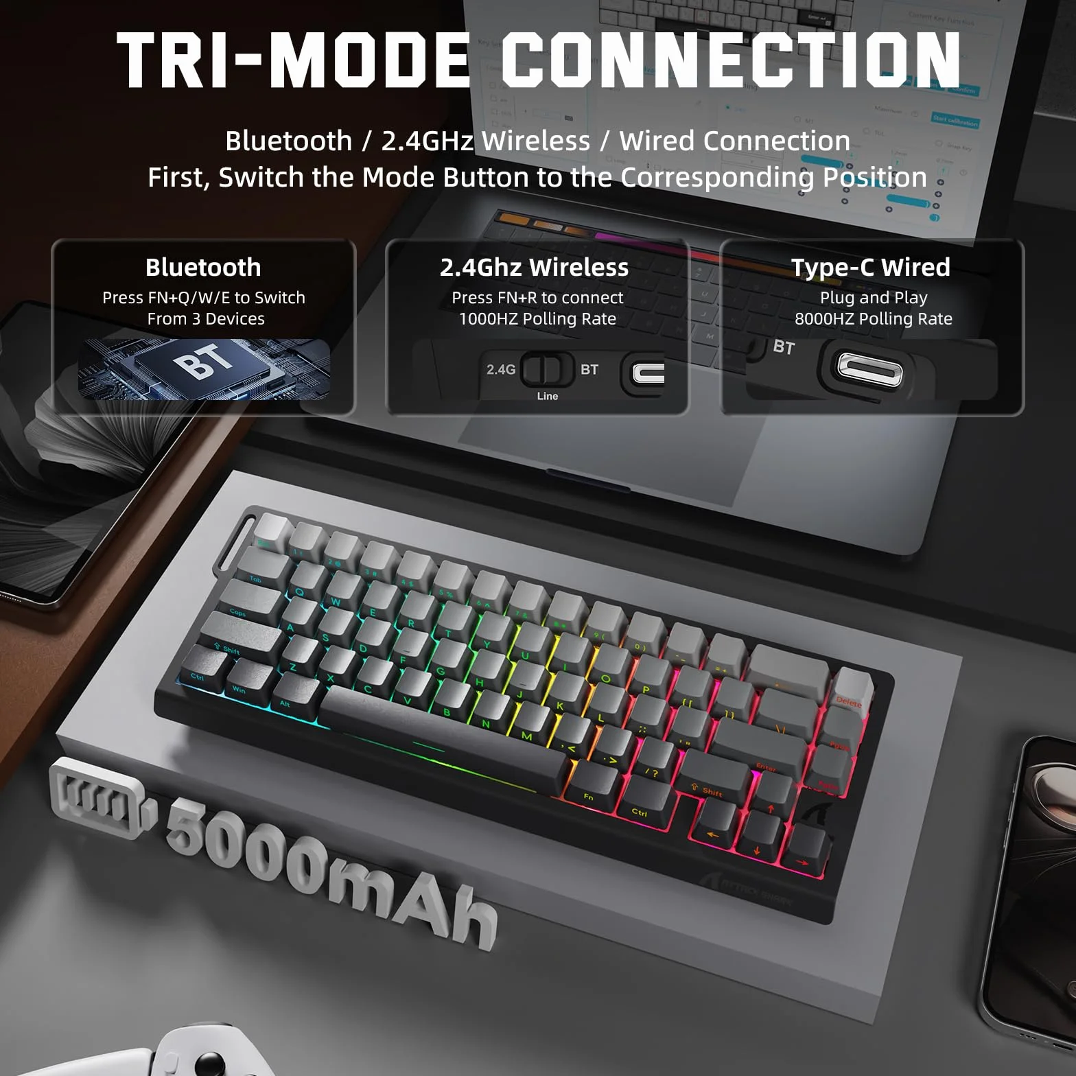 MAMBASNAKE X ATTACK SHARK X68PRO HE Tastiera Gaming Wireless Rapid Trigger,BT/2.4G/Cablata,Interruttore Magnetico 0,01mm RT,8KHz,Punto di Attivazione Regolabile,5000mAh,RGB,per PC/Mac-Sfumatura Nera