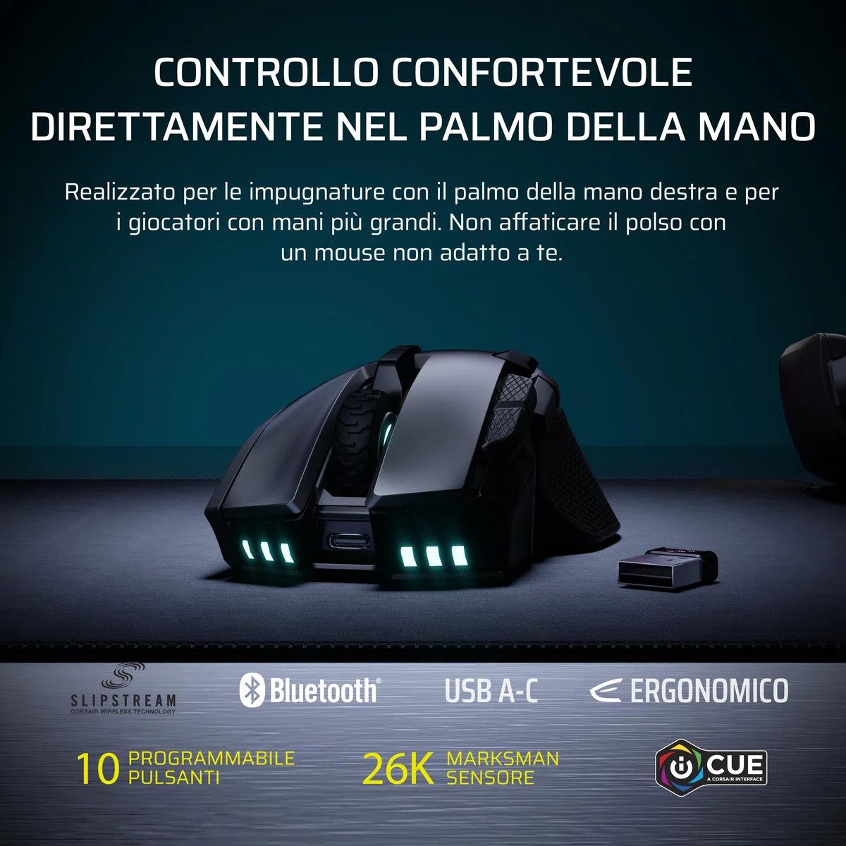 Corsair IRONCLAW WIRELESS SE (2026) Mouse Da Gioco – Nero | 26.000 DPI, Design Ergonomico per Mani Grandi, 10 Pulsanti Programmabili, Per MOBA, FPS, MMO