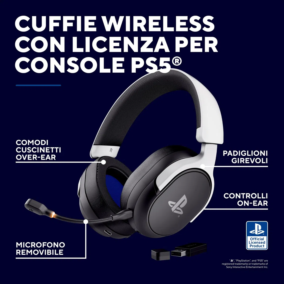 GXTrust 499BW Forta Cuffie Gaming Wireless con Licenza Ufficiale PlayStation 5, 2.4G Bassa Latenza, Ricevitore USB, 55 Ore di Gioco, Driver da 50 mm, Cuffie da Gaming PS5 Over Ear, Nero/Bianco