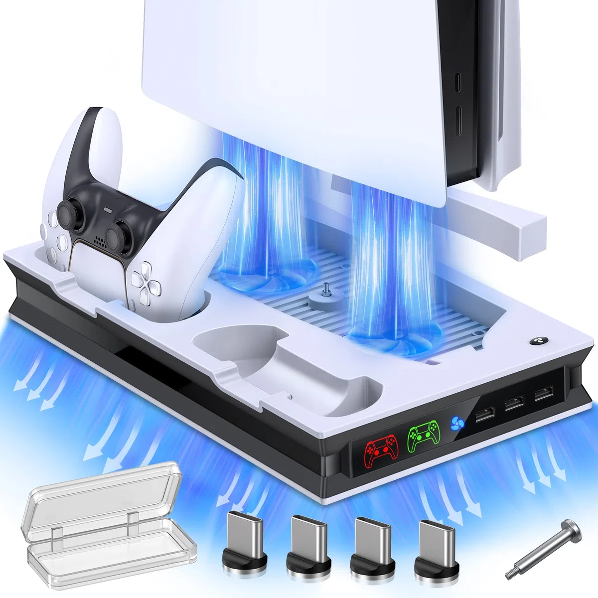 Supporto PS5 e stazione di raffreddamento con controller stazione di ricarica per Playsation 5 Slim/PS5, accessori PS5 incl. ventola di raffreddamento a 3 livelli, 3 hub USB, supporto cuffie, slot