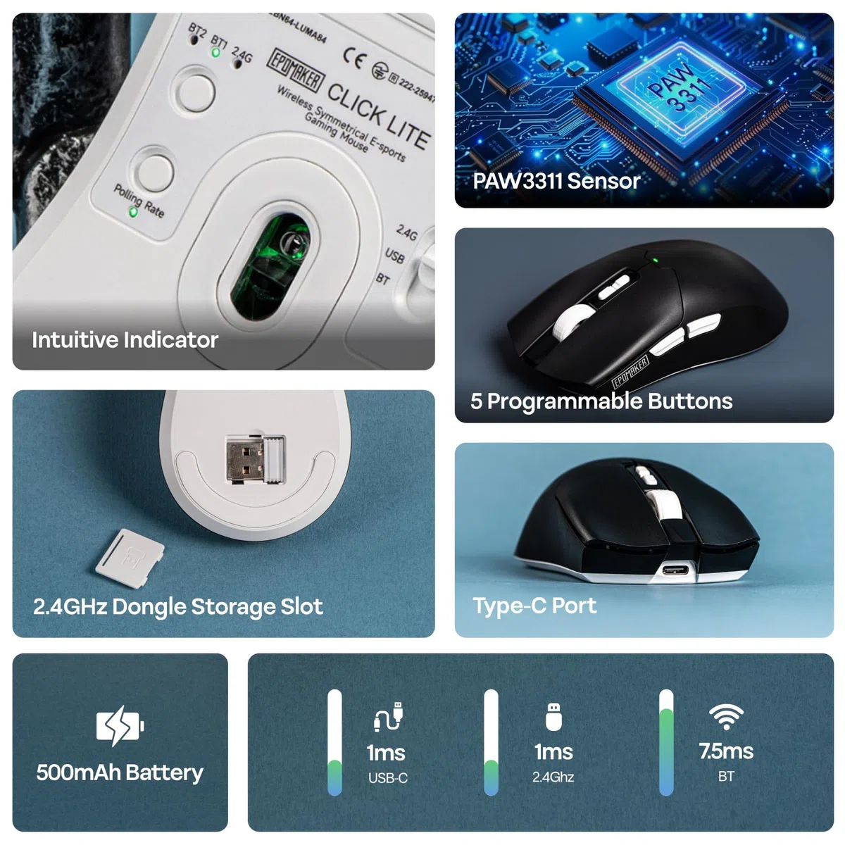 EPOMAKER Click Lite Mouse da Gioco Senza Fili, 800 to 24,000 DPI Adjustable, PAW3311 Sensor, 500mAh, 59g, 2.4G/BT/Wired Mice Ricaricabile con 5 Buttons programmabili per PC/Mac/Linux (Nero)