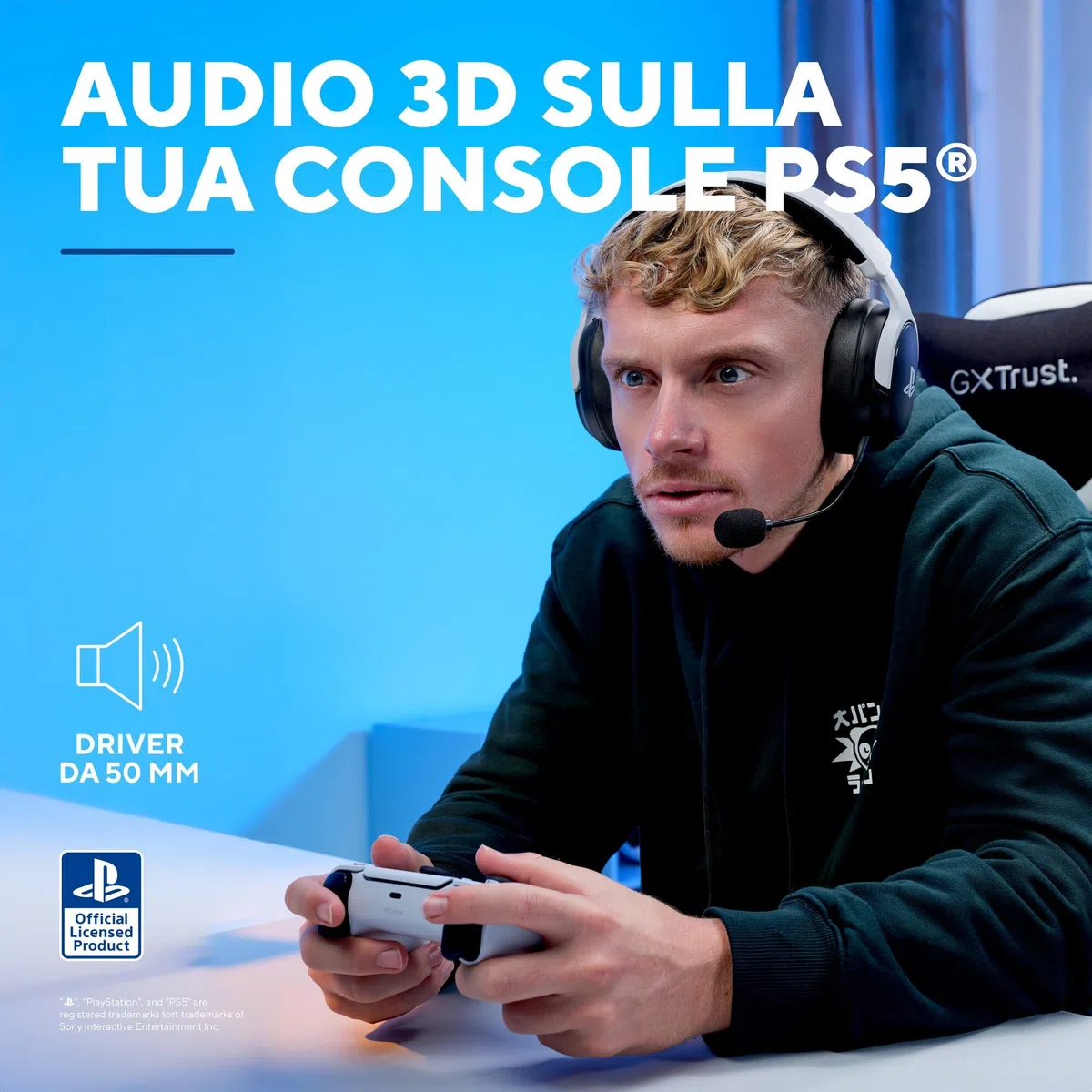 GXTrust 499BW Forta Cuffie Gaming Wireless con Licenza Ufficiale PlayStation 5, 2.4G Bassa Latenza, Ricevitore USB, 55 Ore di Gioco, Driver da 50 mm, Cuffie da Gaming PS5 Over Ear, Nero/Bianco