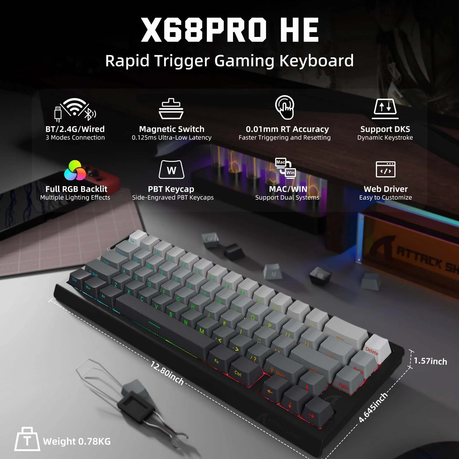 MAMBASNAKE X ATTACK SHARK X68PRO HE Tastiera Gaming Wireless Rapid Trigger,BT/2.4G/Cablata,Interruttore Magnetico 0,01mm RT,8KHz,Punto di Attivazione Regolabile,5000mAh,RGB,per PC/Mac-Sfumatura Nera