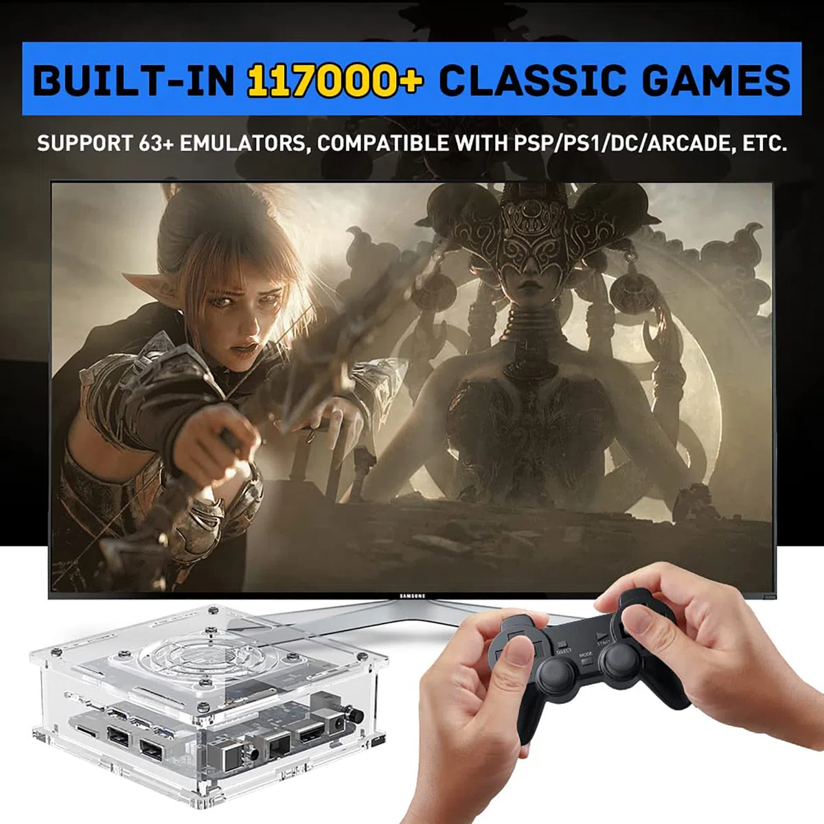 Console di gioco retrò con memoria da 256 GB e oltre 117.000 giochi precaricati, 2 controller wireless, compatibile con PS1/PSP/MAME, per uscita TV HD/AV 4K