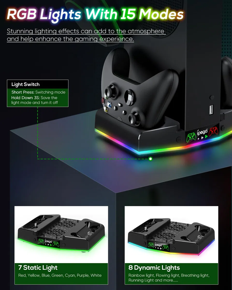 Supporto di raffreddamento e stazione di ricarica per Xbox Series S con striscia luminosa RGB, doppio caricatore di controller e ventola di raffreddamento per accessori console XSS con 2 batterie