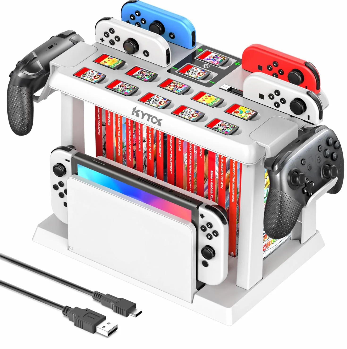 Kytok Supporto al Gioco Torre per Nintendo Switch/OLED, Caricatore per Joycon Switch & Supporto Accessori da Gioco Switch, Multifunzionale Switch Organizer per Gioco, Controller Pro e TV Dock