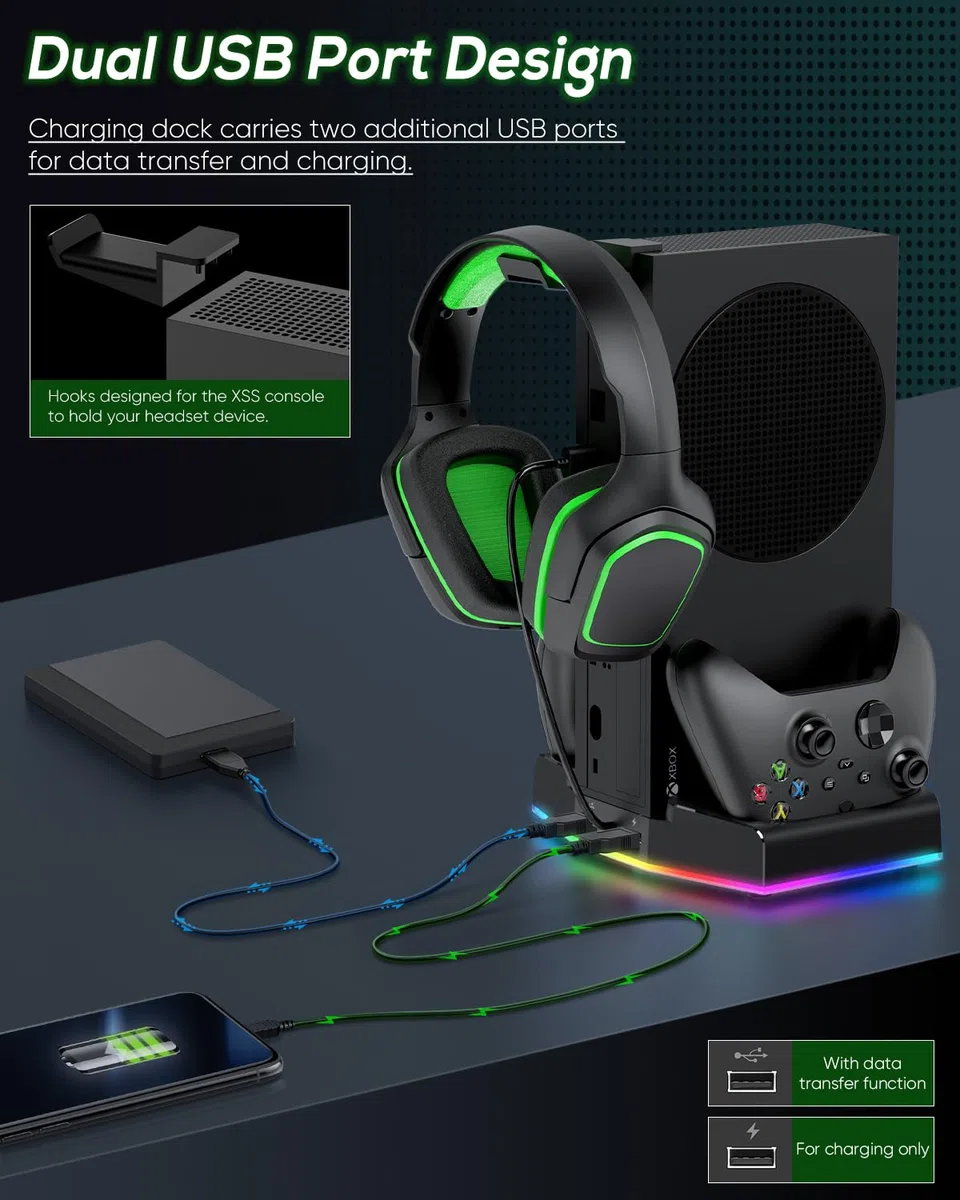Supporto di raffreddamento e stazione di ricarica per Xbox Series S con striscia luminosa RGB, doppio caricatore di controller e ventola di raffreddamento per accessori console XSS con 2 batterie