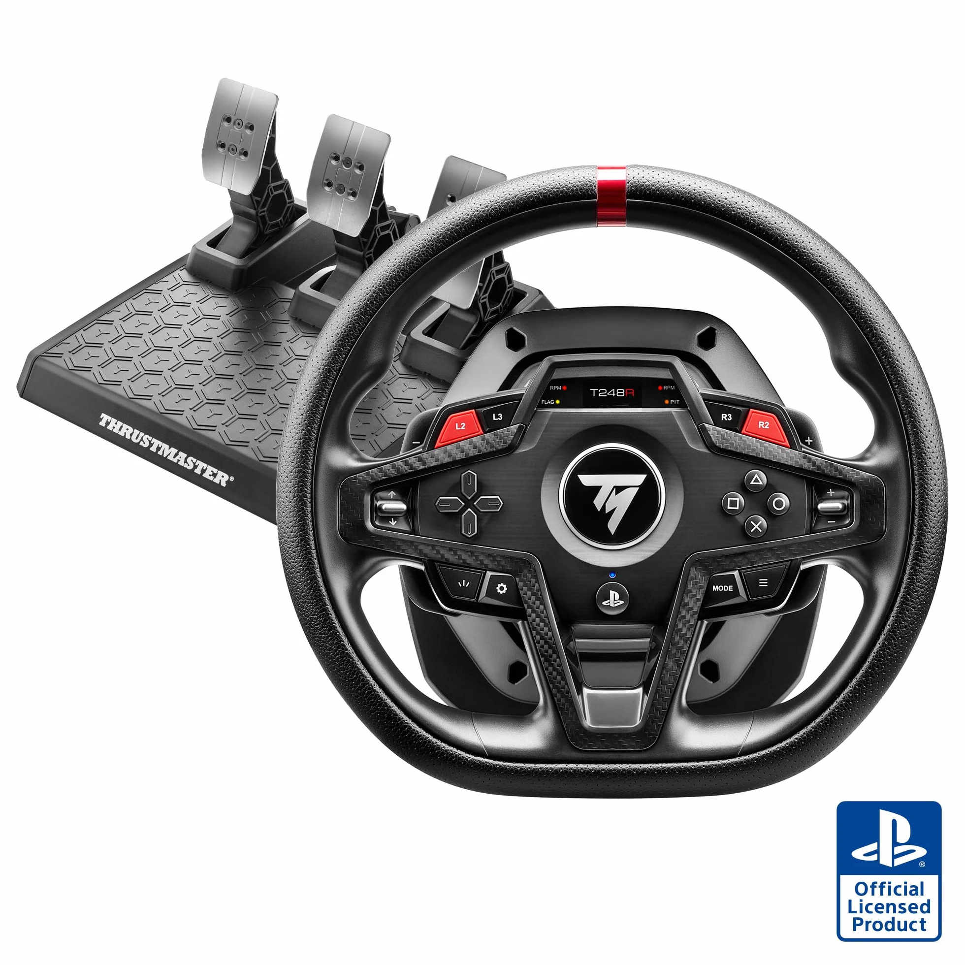 Thrustmaster T248R Volante da Corsa – Pelle Traforata Premium – Display Interattivo LCD – Force Feedback Ibrido 3.1 Nm – Include Pedali T3PM – PS5, PS4, PC