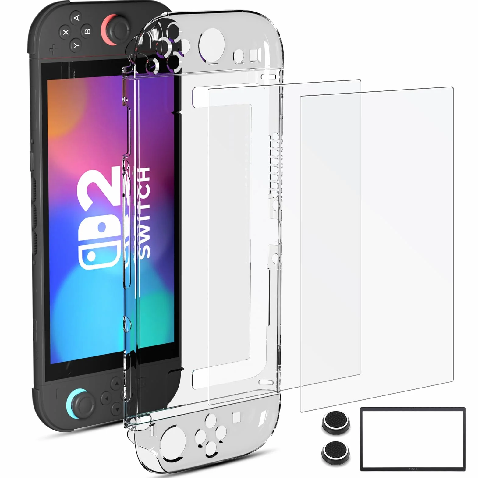 Cover Protettiva per Nintendo Switch 2 2025, Custodia Trasparente in TPU Resistente a Urti e Graffi, con Supporto, 2 Protettori di Schermo e 2 Cappucci per Manopola del Pollice