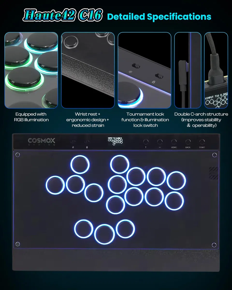 Haute42 C16 Leverless Arcade Controller - Magnetic Detachable Panel, RGB Button Rims, Tournament Lock Switch - Compatibile con Switch 2/Switch/PC/PS3/PS4/Steam