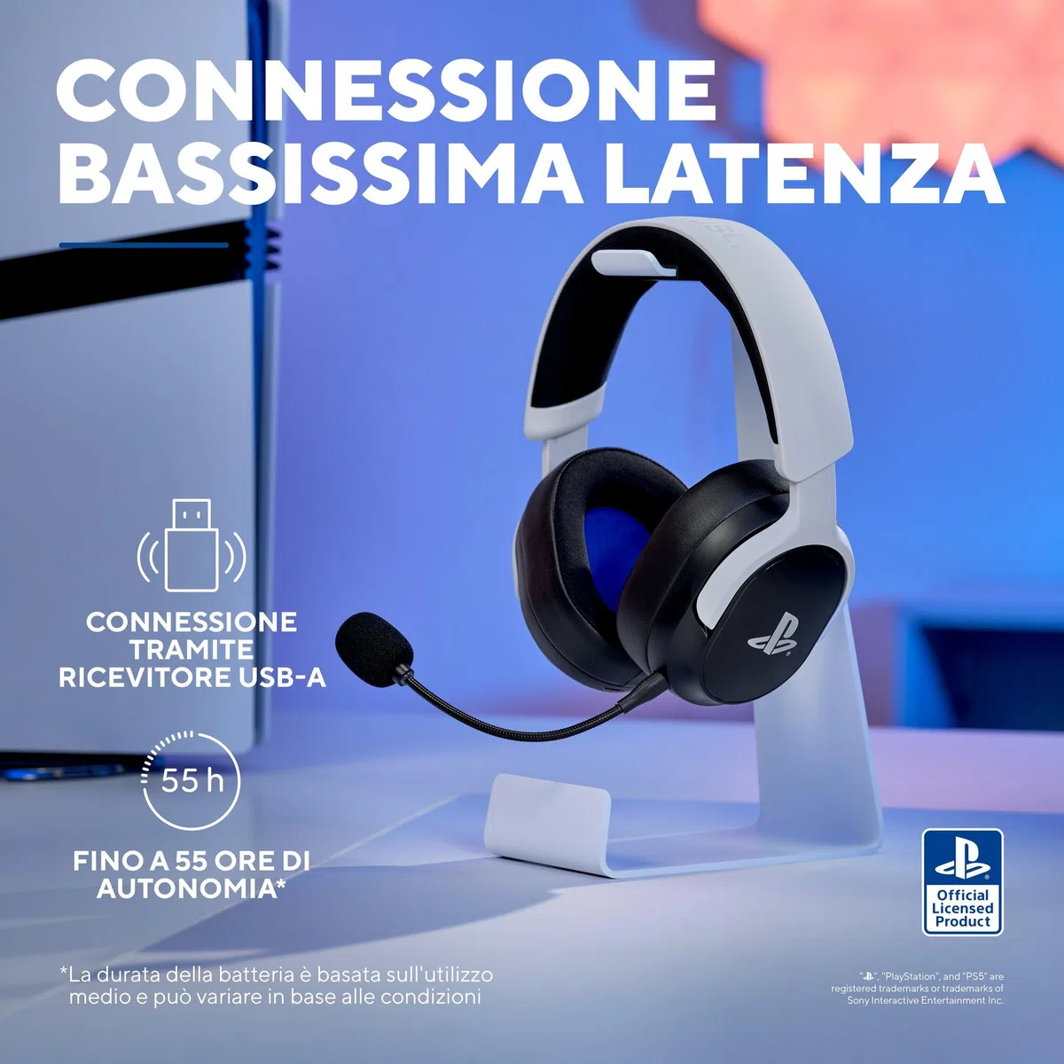 GXTrust 499BW Forta Cuffie Gaming Wireless con Licenza Ufficiale PlayStation 5, 2.4G Bassa Latenza, Ricevitore USB, 55 Ore di Gioco, Driver da 50 mm, Cuffie da Gaming PS5 Over Ear, Nero/Bianco