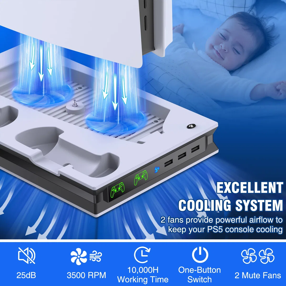 Supporto PS5 e stazione di raffreddamento con controller stazione di ricarica per Playsation 5 Slim/PS5, accessori PS5 incl. ventola di raffreddamento a 3 livelli, 3 hub USB, supporto cuffie, slot