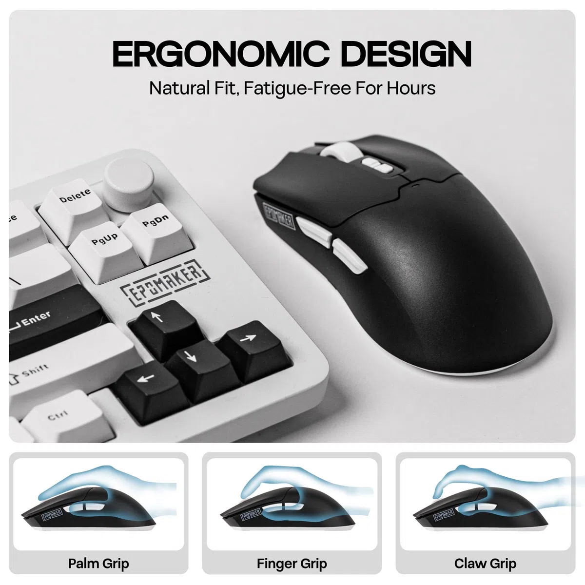 EPOMAKER Click Lite Mouse da Gioco Senza Fili, 800 to 24,000 DPI Adjustable, PAW3311 Sensor, 500mAh, 59g, 2.4G/BT/Wired Mice Ricaricabile con 5 Buttons programmabili per PC/Mac/Linux (Nero)