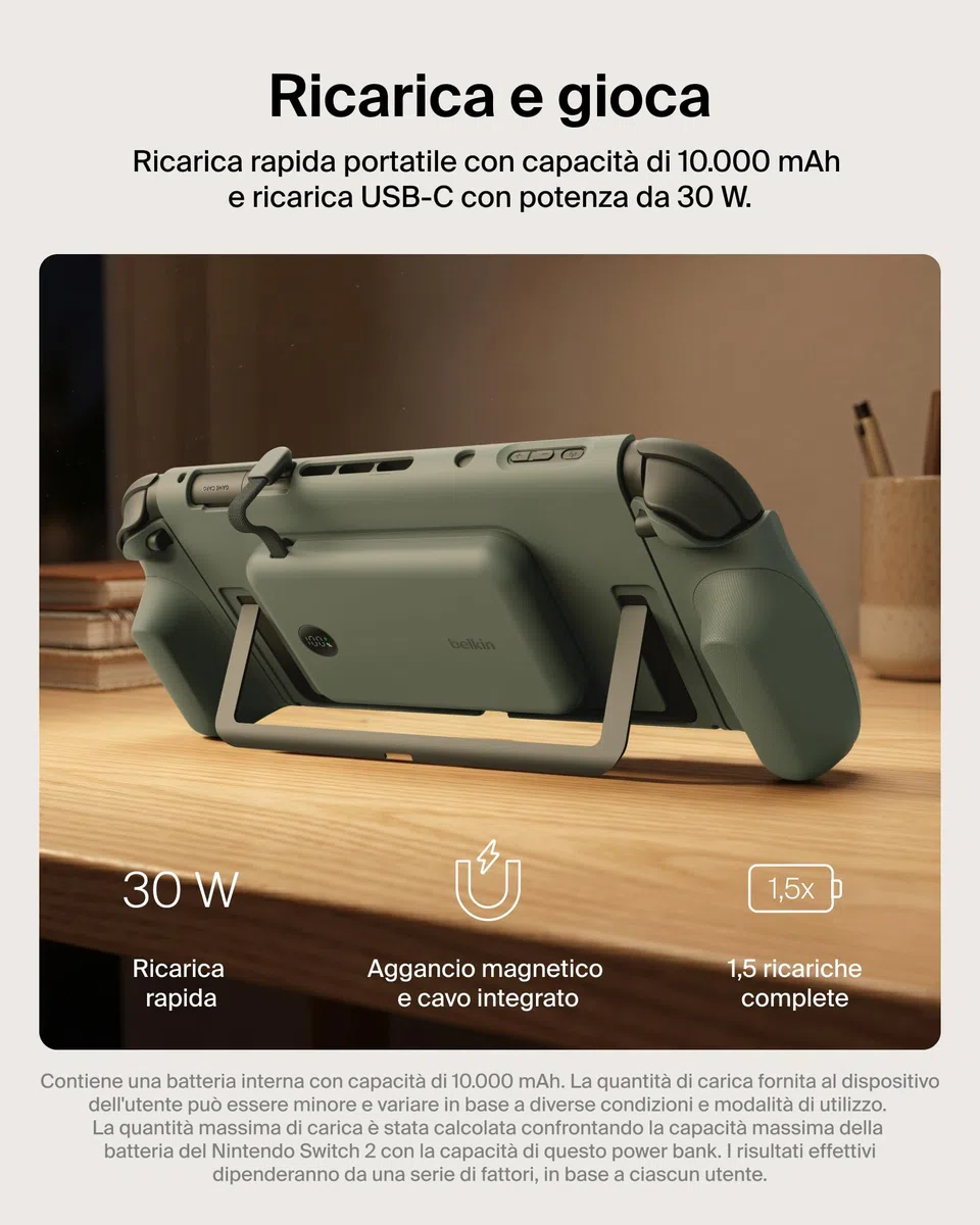 Belkin Gaming Impugnatura Ricarica Nintendo Switch 2, Power bank 10K, Verde | Caricatore Portatile 10000mAh, 30W, Caricatore Magnetico, Compatibilità Supporto, Maniglia Antiscivolo Ergonomica, Display