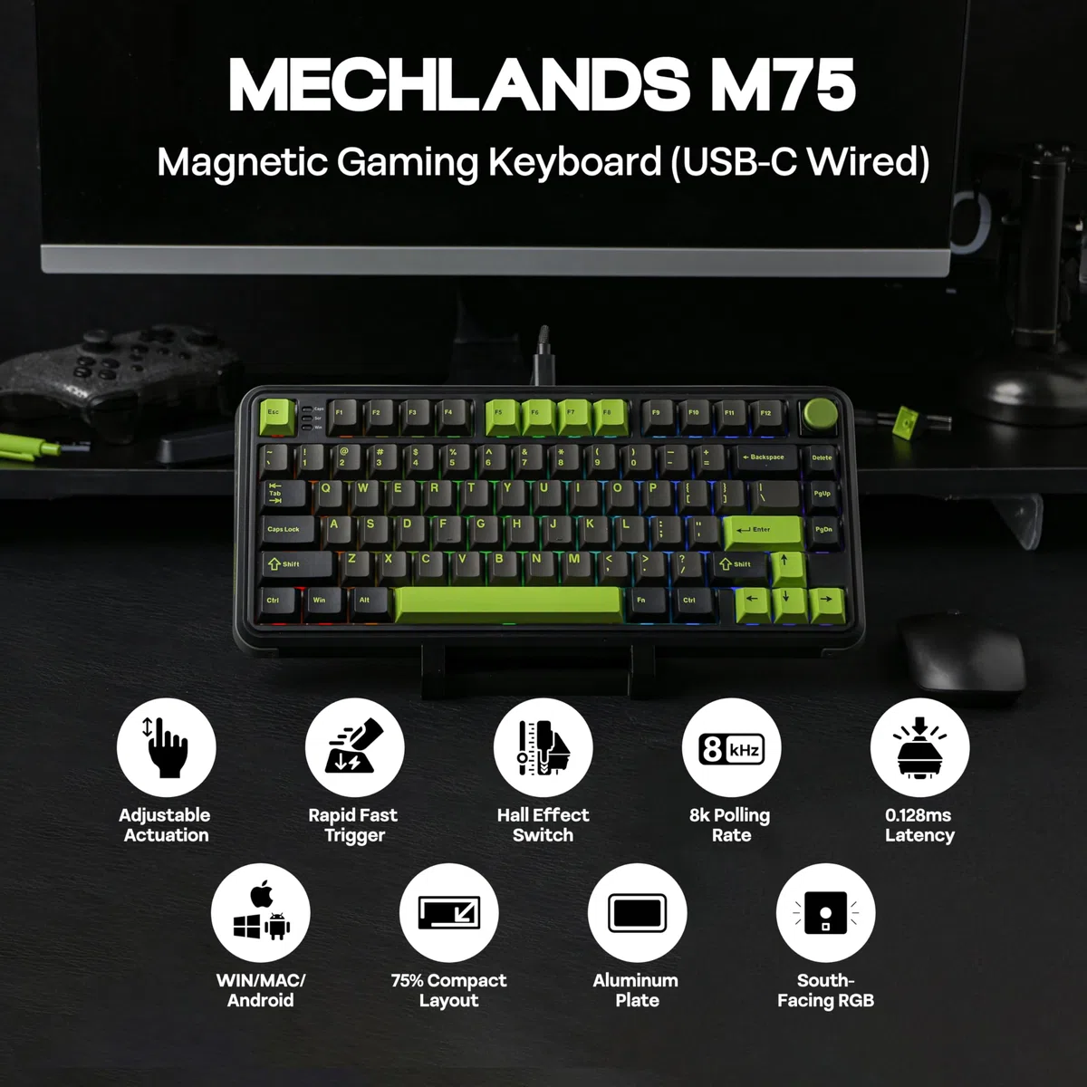 MechLands M75 - Tastiera da gioco cablata con effetto Hall, frequenza di polling 8K, latenza 0,128 ms, tastiera rapida del 75% con DKS/MT/TGL/SOCD, interruttore magnetico sostituibile a caldo
