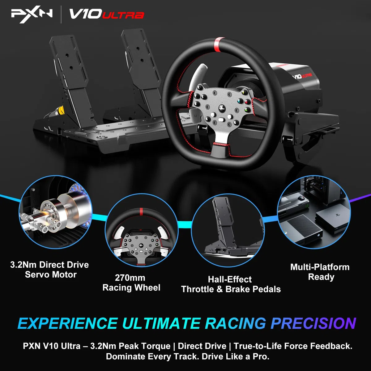 PXN V10 Ultra Volante da Gioco – Base con Motore Servo Direct Drive 3,2 Nm Force Feedback, Pedali PD HM Acceleratore & Freno, Volante 270mm – Volante Sim Racing per PC, PS4 & Xbox