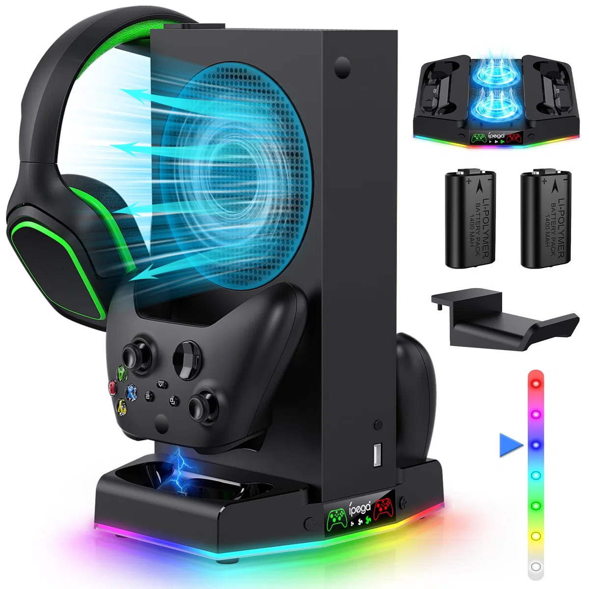 Supporto di raffreddamento e stazione di ricarica per Xbox Series S con striscia luminosa RGB, doppio caricatore di controller e ventola di raffreddamento per accessori console XSS con 2 batterie