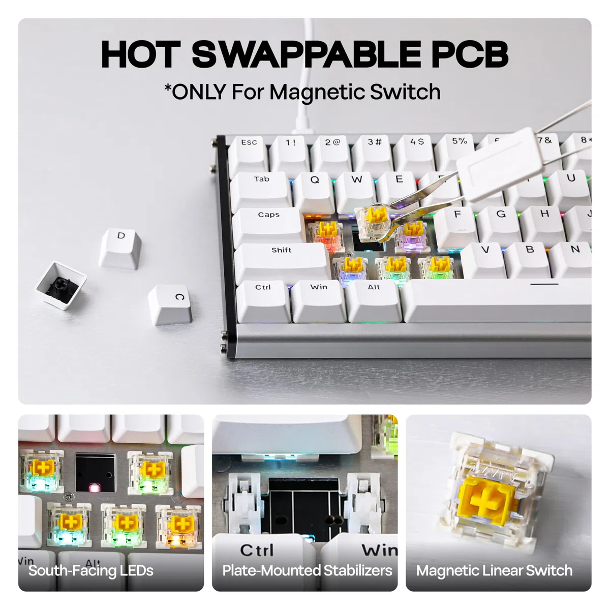 MechLands ALUX68 HE Tastiera Rapid Fast Gaming in alluminio, con interruttore magnetico, tastiera a effetto hall cablato con frequenza di polling 8K, latenza 0,125 ms, RGB (bianco, ALUX68 Plus)